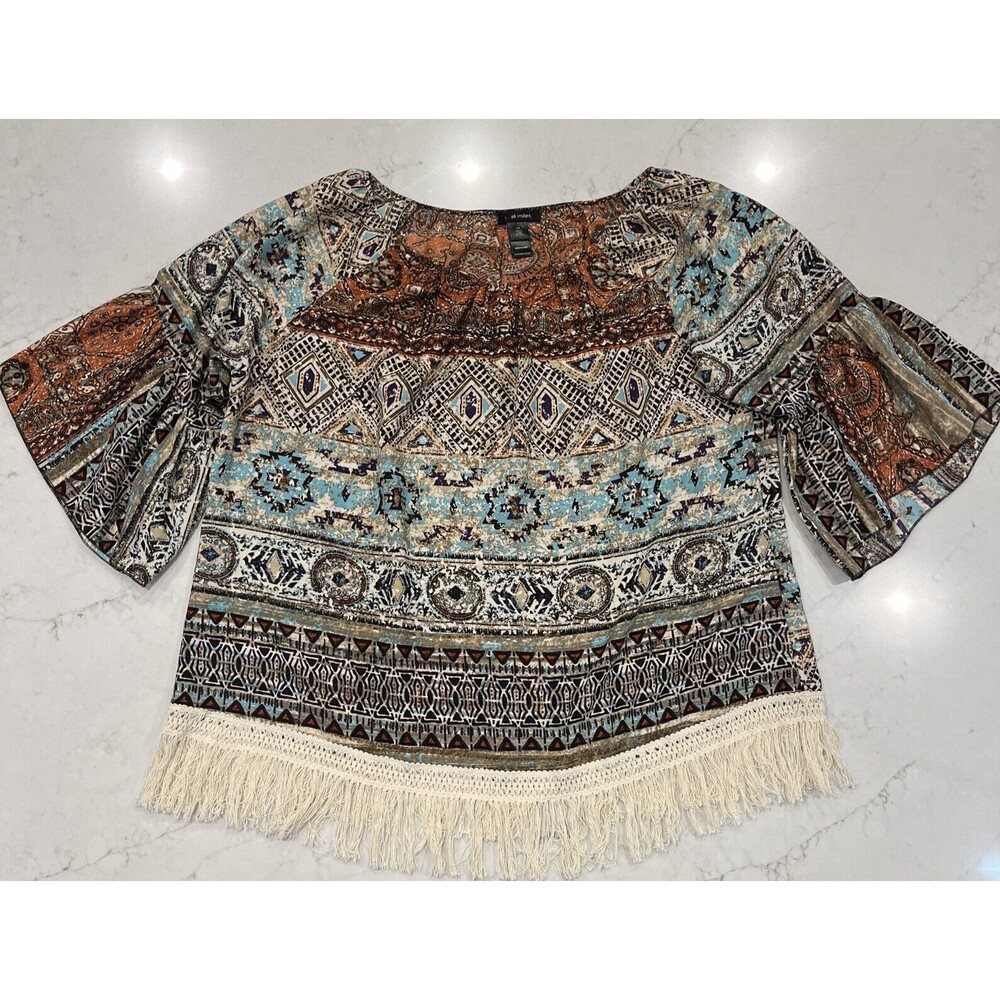 Ali Miles‎ Sz 2x Aztec Western Boho Peasant Top Crochet Fringe 3/4 Flare Sleeve